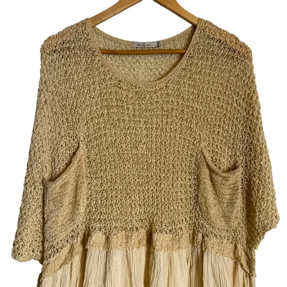 Mes Demoiselles Beige Cream Crochet Crinkle Mixed Media Boho Coastal Tunic Top L